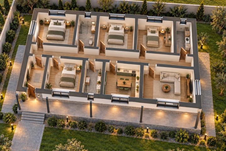 BM89-144 layihəsinin 3D kəsik planı — mebelli otaqlar, vizuallaşdırma