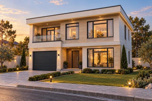 EM91-257 layihəsinin fasad vizuallaşdırması — ikimərtəbəli ev, düz dam