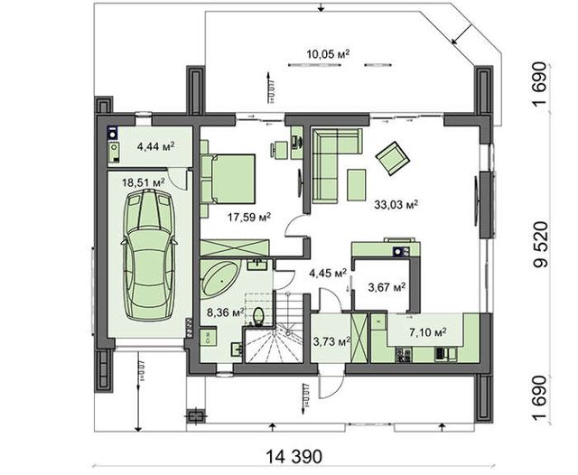 EK02-211 layihəsinin birinci mərtəbə planı — 211,68 m²