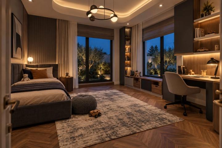 Modern üslubunda uşaq otağı (penthaus, axşam, lampalar yanır) — Premium təmir paketi, dizayn vizuallaşdırması