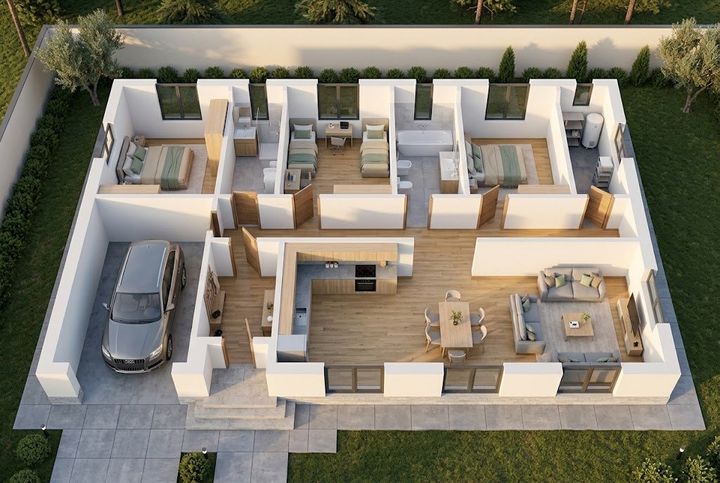 BM28-144 layihəsinin 3D kəsik planı — mebelli otaqlar, vizuallaşdırma