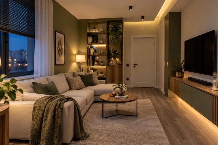 Modern üslubunda qonaq otağı (yaşayış kompleksində mənzil, axşam, lampalar yanır) — Standart təmir paketi, dizayn vizuallaşdırması