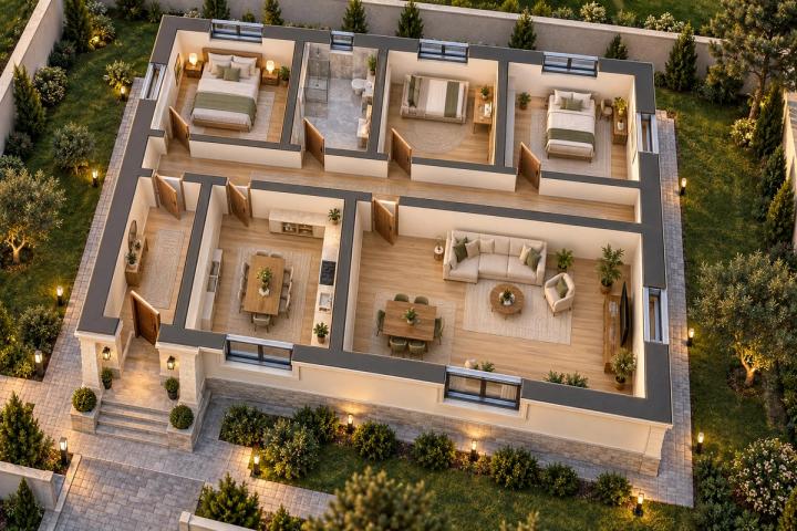 BK78-131 layihəsinin 3D kəsik planı — mebelli otaqlar, vizuallaşdırma