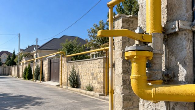 Qəsəbədə dirək üzərindəki paylayıcı qaz borusu və sarı kran