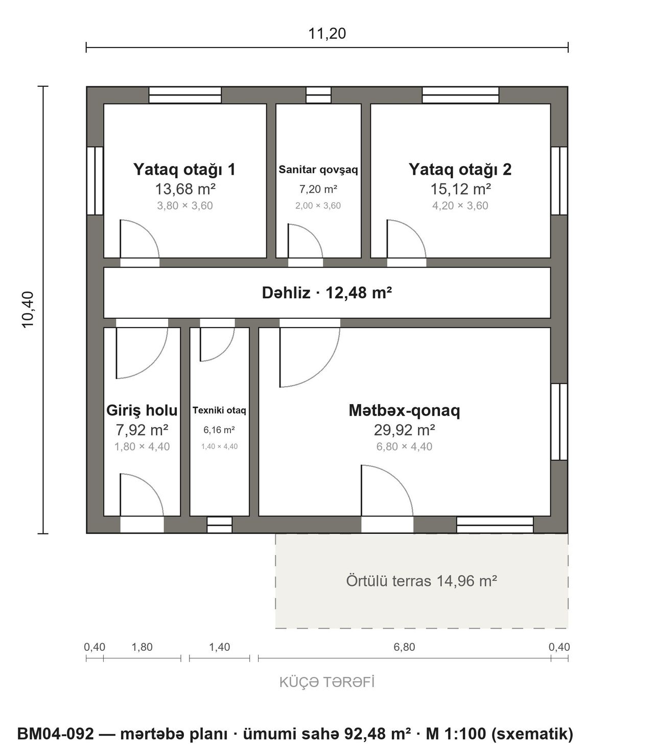 BM04-092 layihəsinin mərtəbə planı — 92 m², 2 yataq otağı