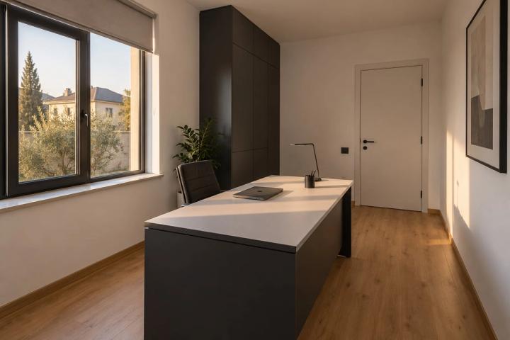 Minimalist üslubunda kabinet (həyət evi, axşamüstü işıq) — Ekonom təmir paketi, dizayn vizuallaşdırması