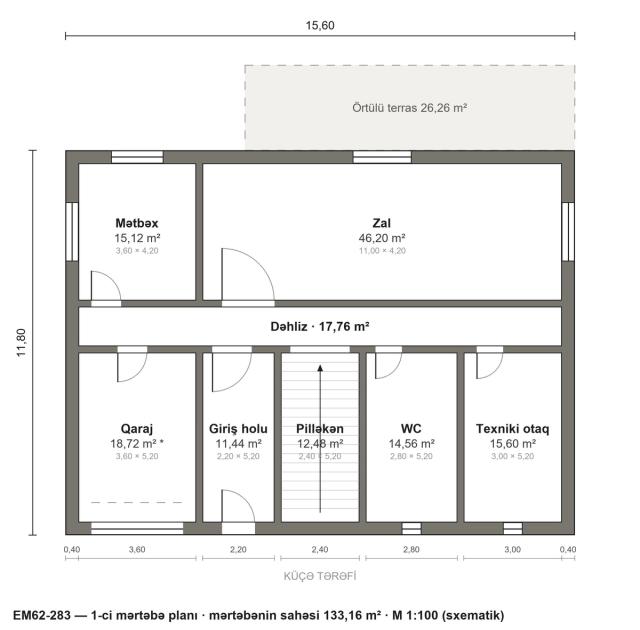 EM62-283 layihəsinin 1-ci mərtəbə planı — 133,16 m²