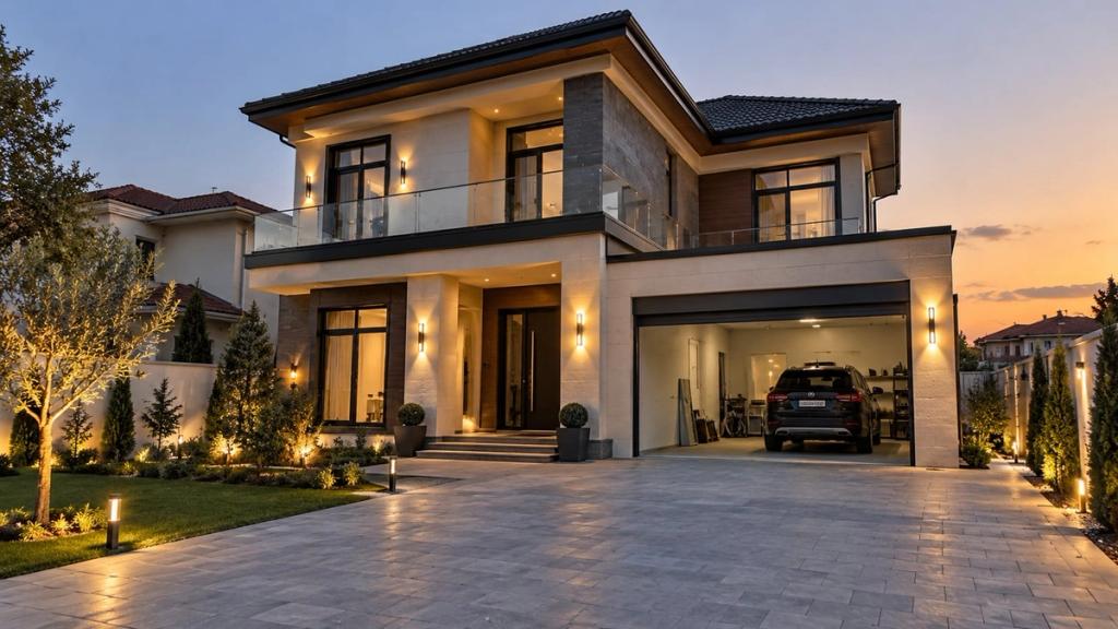 Qarajı evlə birləşən ikimərtəbəli müasir villa