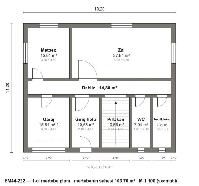 EM44-222 layihəsinin 1-ci mərtəbə planı — 103,76 m²