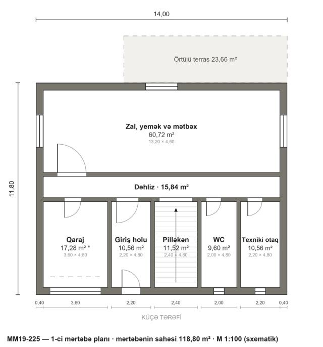 MM19-225 layihəsinin 1-ci mərtəbə planı — 118,80 m²