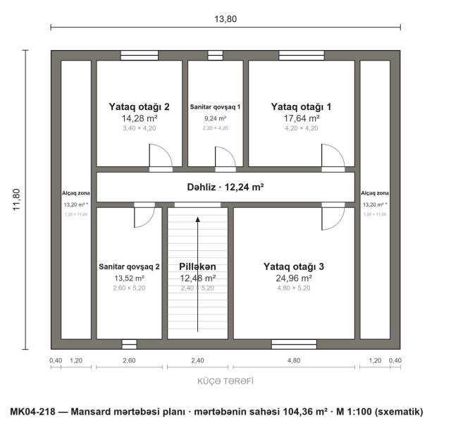 MK04-218 layihəsinin mansard mərtəbəsi planı — 3 yataq otağı