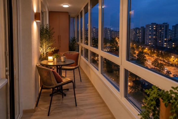 Modern üslubunda eyvan (yeni tikili mənzil, axşam, lampalar yanır) — Ekonom təmir paketi, dizayn vizuallaşdırması