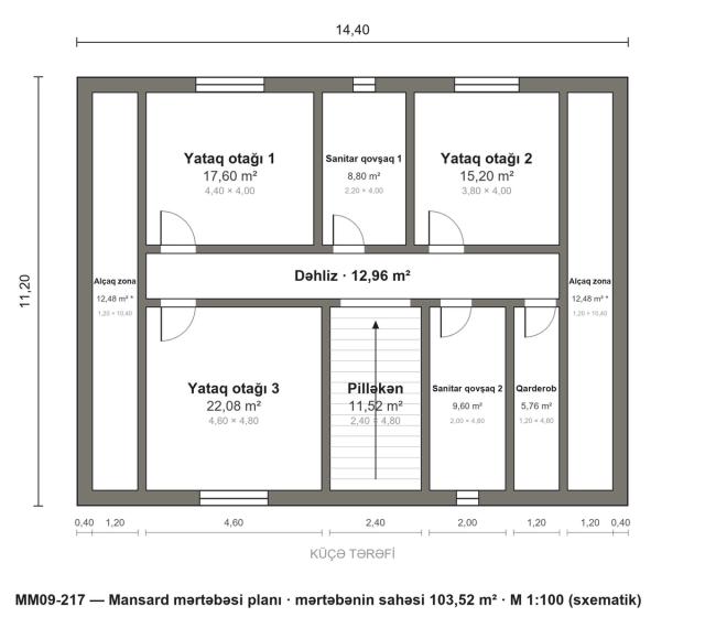 MM09-217 layihəsinin mansard mərtəbəsi planı — 3 yataq otağı