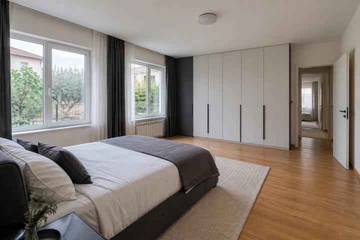 Minimalist üslubunda yataq otağı (yaşayış kompleksində mənzil, qış gündüzü) — Ekonom təmir paketi, dizayn vizuallaşdırması