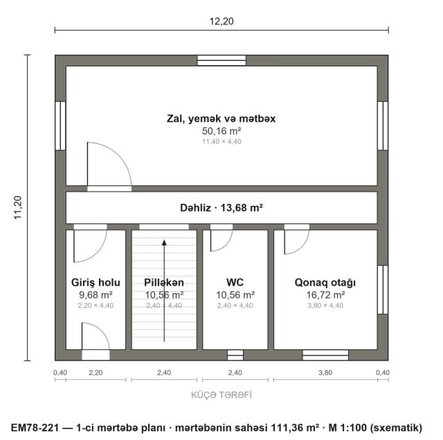 EM78-221 layihəsinin 1-ci mərtəbə planı — 111,36 m²