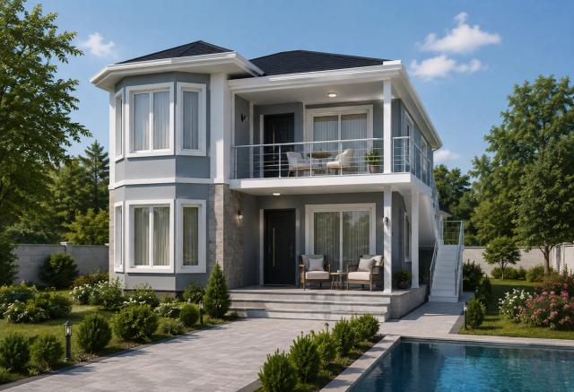 A two-storey private house in the Sabunchu district of Baku — a grey and white facade, a projecting window group, an open balcony on the upper floor and a pool in the yard