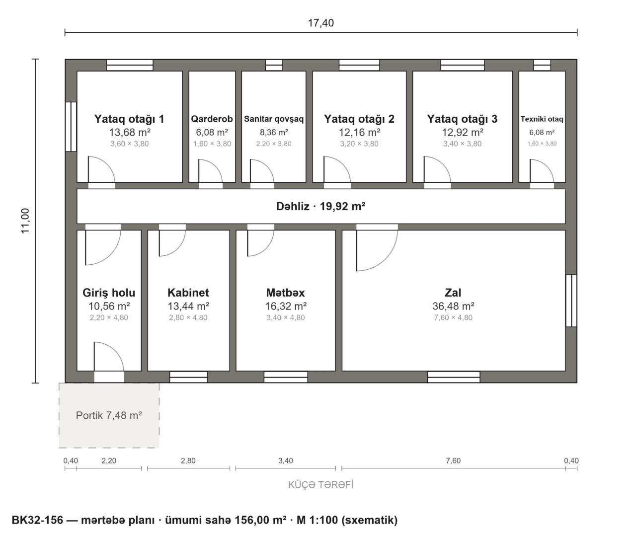 BK32-156 layihəsinin mərtəbə planı — 156 m², 3 yataq otağı