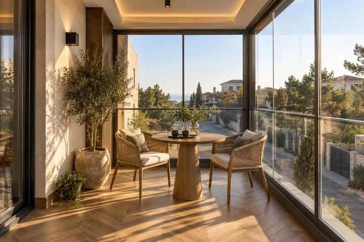 Japandi üslubunda eyvan (villa, səhər günəşi) — Premium təmir paketi, dizayn vizuallaşdırması