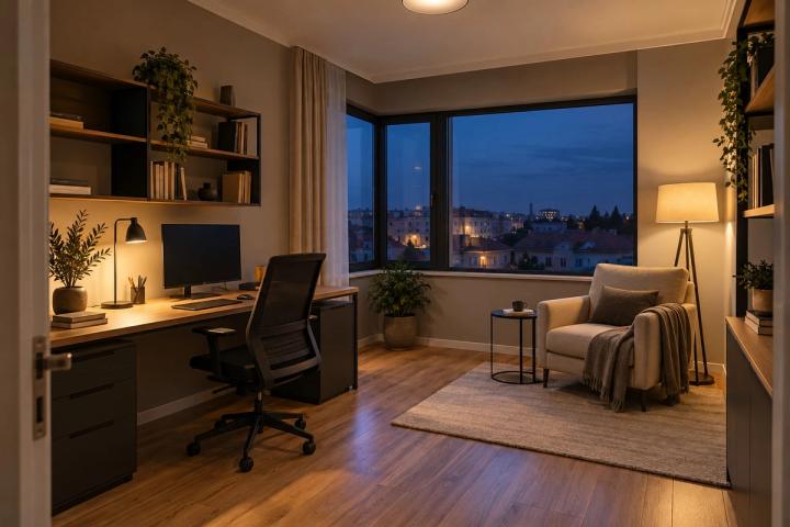 Modern üslubunda kabinet (yaşayış kompleksində mənzil, axşam, lampalar yanır) — Ekonom təmir paketi, dizayn vizuallaşdırması