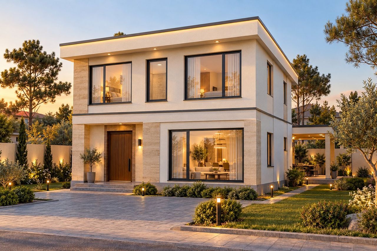 EM89-217 layihəsinin fasad vizuallaşdırması — ikimərtəbəli ev, düz dam