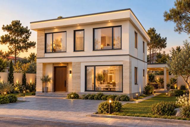 EM89-217 layihəsinin fasad vizuallaşdırması — ikimərtəbəli ev, düz dam