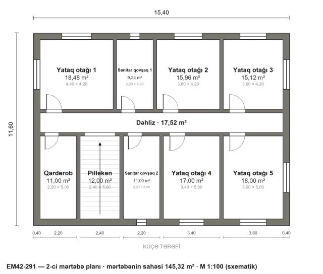 EM42-291 layihəsinin 2-ci mərtəbə planı — 5 yataq otağı