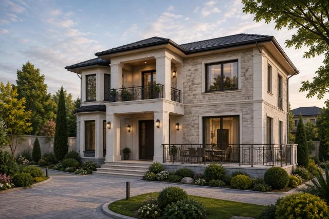 A solidly built two-storey private house in the Goygol district — a stone-clad facade, a columned entrance portal, a terrace with balustrades and a landscaped yard