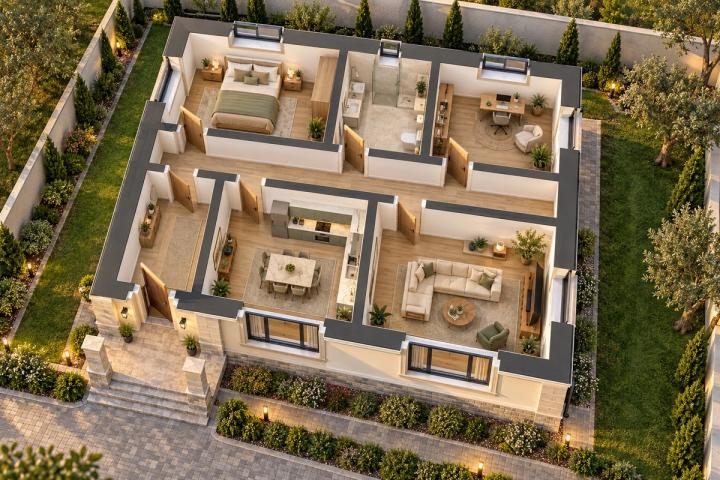 BK57-104 layihəsinin 3D kəsik planı — mebelli otaqlar, vizuallaşdırma