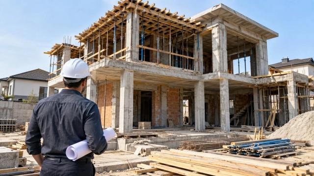 Arxadan görünən memar tikilən villanı çertyojla yoxlayır