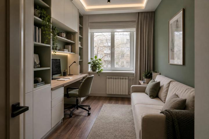 Modern üslubunda kabinet (köhnə planlı mənzil, qış gündüzü) — Standart təmir paketi, dizayn vizuallaşdırması