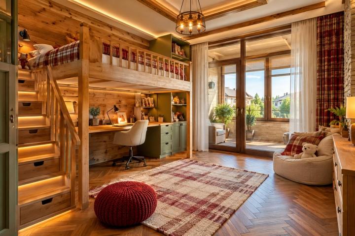 Şale üslubunda uşaq otağı (villa, gündüz işığı) — Premium təmir paketi, dizayn vizuallaşdırması