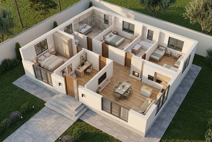 BM39-171 layihəsinin 3D kəsik planı — mebelli otaqlar, vizuallaşdırma