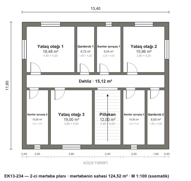 EK13-234 layihəsinin 2-ci mərtəbə planı — 3 yataq otağı