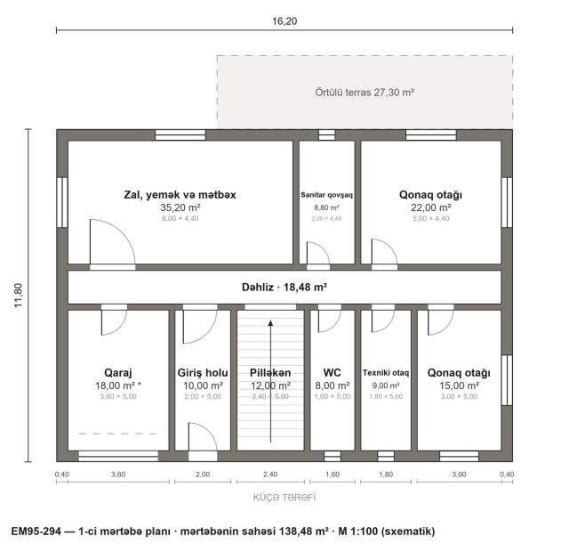 EM95-294 layihəsinin 1-ci mərtəbə planı — 138,48 m²