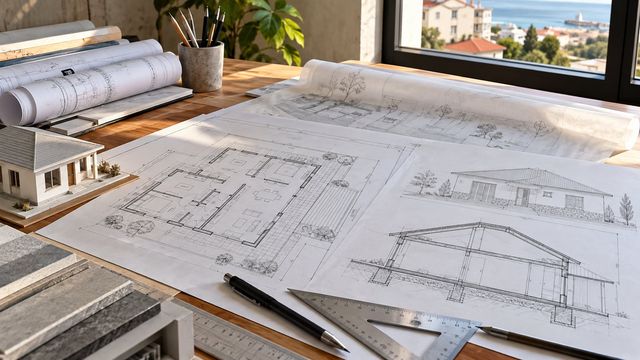 Plan, kəsik və fasad cizgiləri olan memar masası
