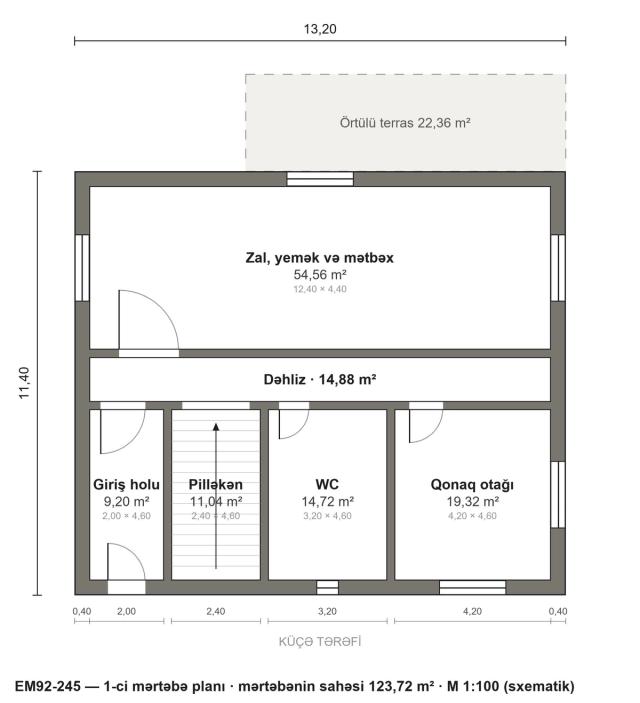 EM92-245 layihəsinin 1-ci mərtəbə planı — 123,72 m²