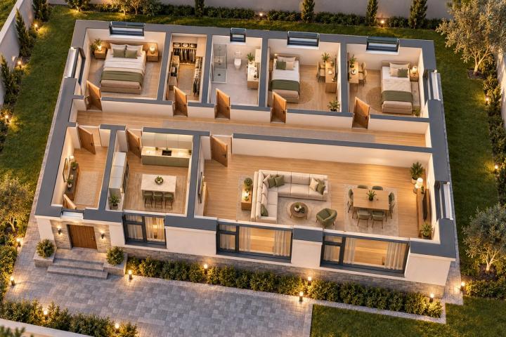 BM82-135 layihəsinin 3D kəsik planı — mebelli otaqlar, vizuallaşdırma