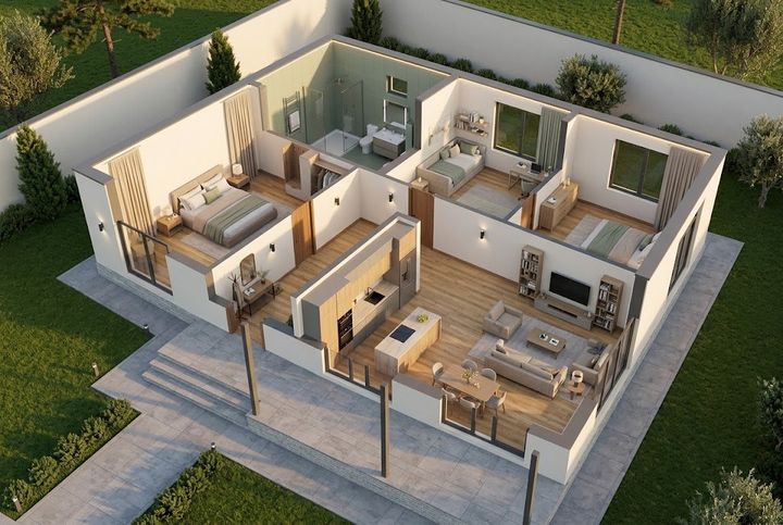 BM25-136 layihəsinin 3D kəsik planı — mebelli otaqlar, vizuallaşdırma
