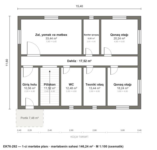 EK76-292 layihəsinin 1-ci mərtəbə planı — 146,24 m²