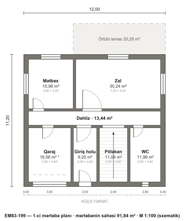 EM83-199 layihəsinin 1-ci mərtəbə planı — 91,84 m²