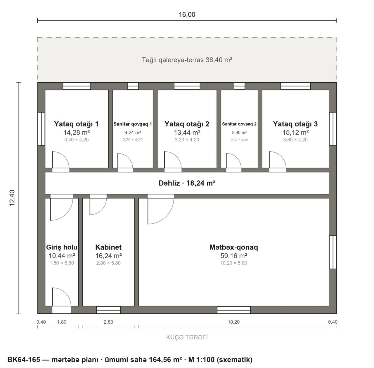 BK64-165 layihəsinin mərtəbə planı — 165 m², 3 yataq otağı