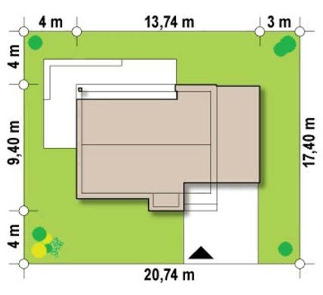 EM06-175 evinin sahədə yerləşmə planı — 17,40 × 20,74 m