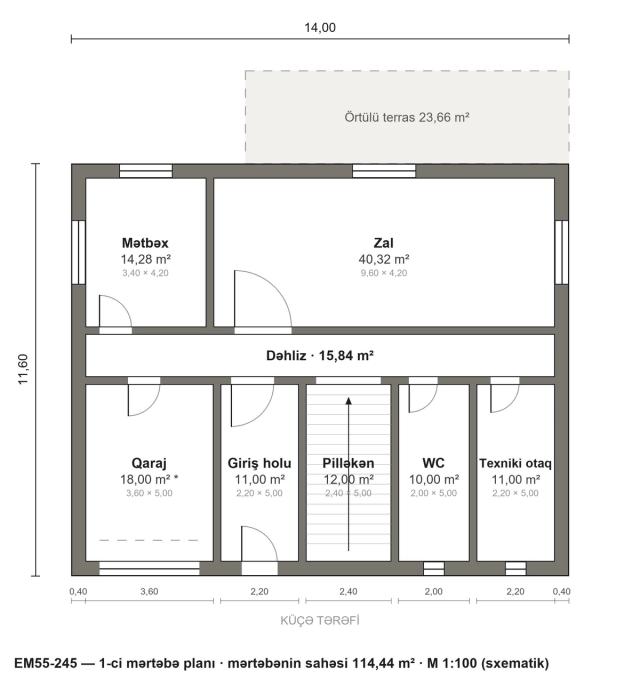 EM55-245 layihəsinin 1-ci mərtəbə planı — 114,44 m²