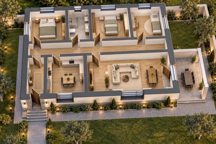 BM07-110 layihəsinin 3D kəsik planı — mebelli otaqlar, vizuallaşdırma