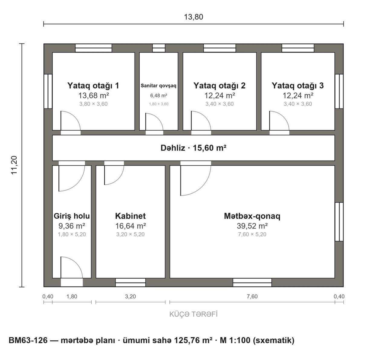 BM63-126 layihəsinin mərtəbə planı — 126 m², 3 yataq otağı