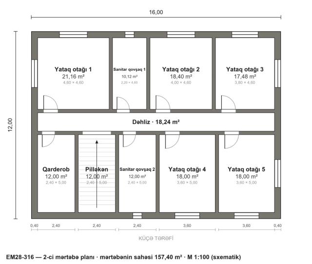 EM28-316 layihəsinin 2-ci mərtəbə planı — 6 yataq otağı
