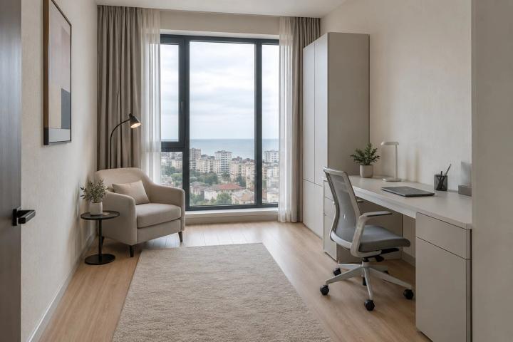 Minimalist üslubunda kabinet (yaşayış kompleksində mənzil, qış gündüzü) — Ekonom təmir paketi, dizayn vizuallaşdırması