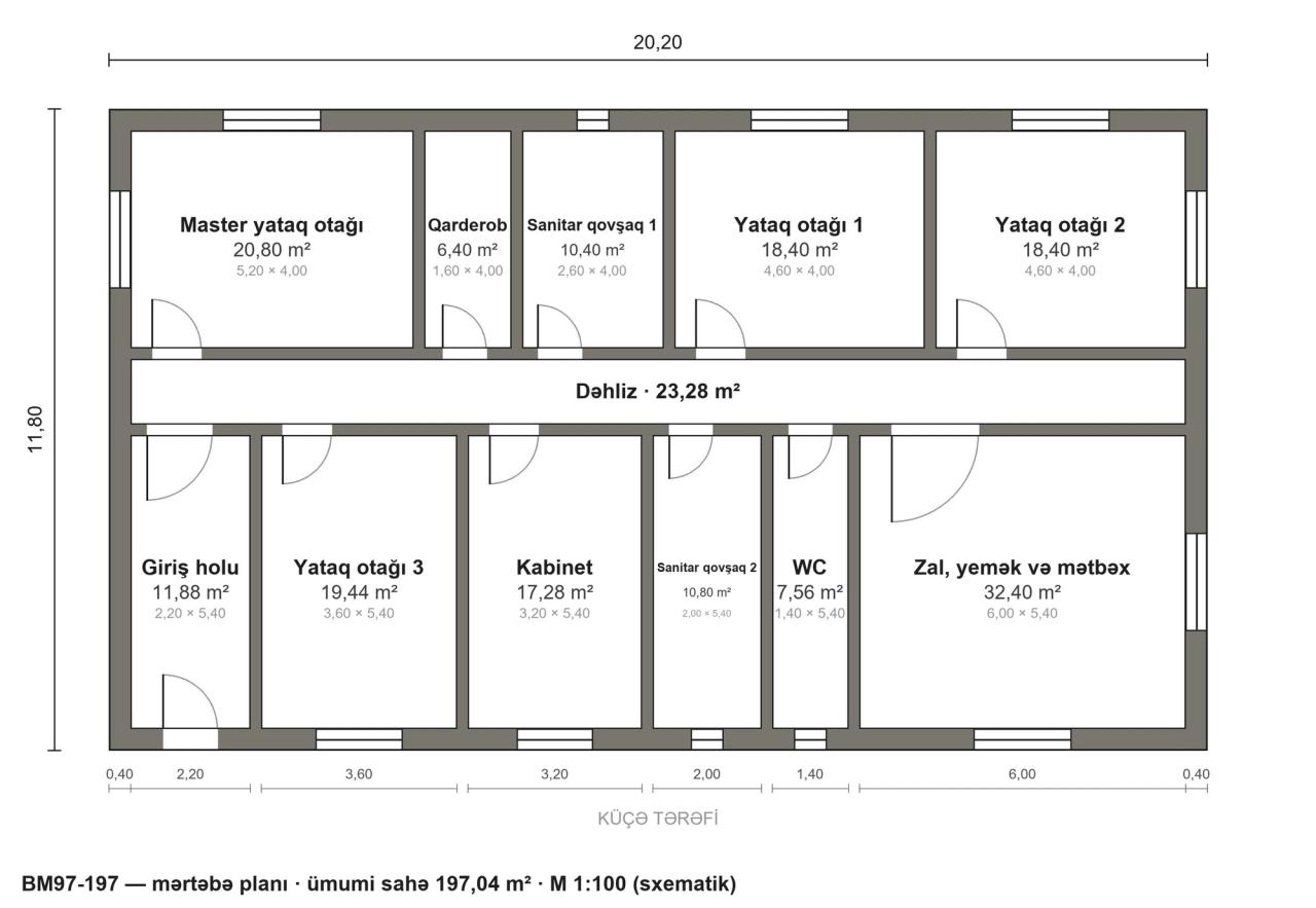 BM97-197 layihəsinin mərtəbə planı — 197 m², 4 yataq otağı