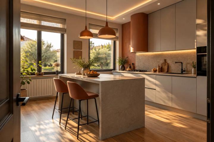 Modern üslubunda mətbəx (yeni tikili mənzil, axşamüstü işıq) — Standart təmir paketi, dizayn vizuallaşdırması