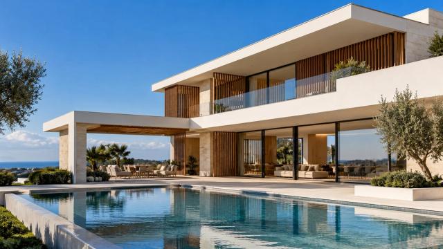 Üfüqi həcmli, ağac panjurlu və düz damlı müasir ağ villa